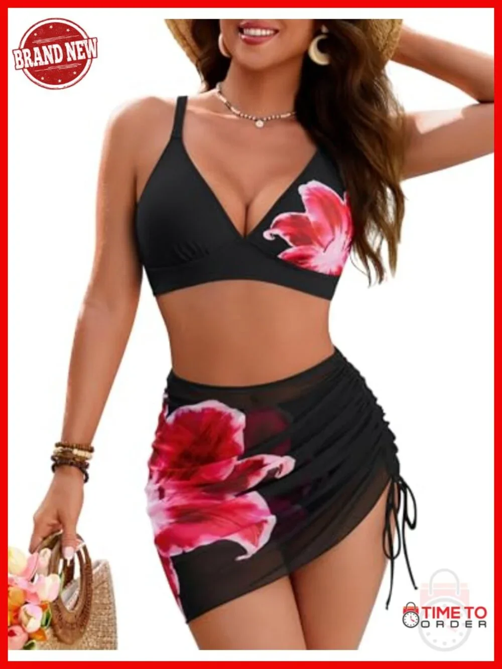 3 Piece Bikini Set with Floral Print High Waisted Bottoms and Sheer Cover Up